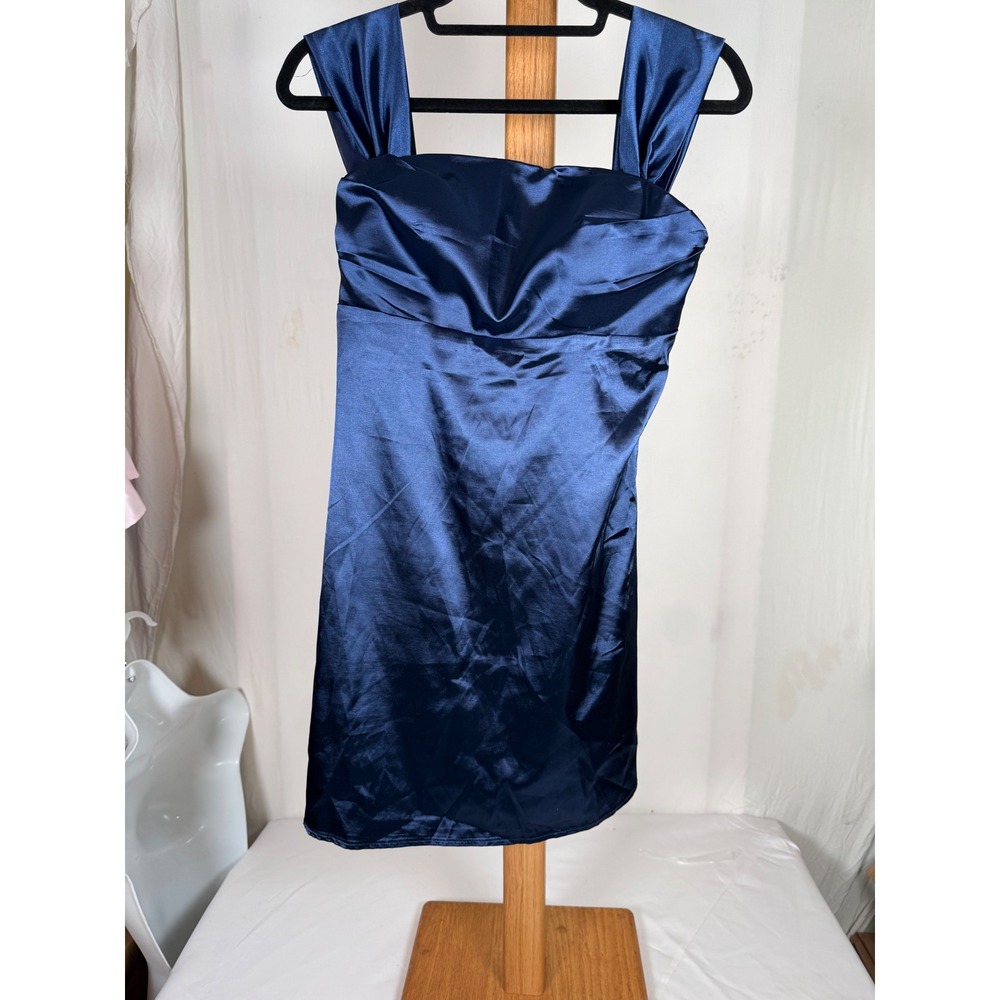 Navy Blue Satin‎ Mini Dress Square Neck Cocktail Party Sleeveless Size 2 NEW